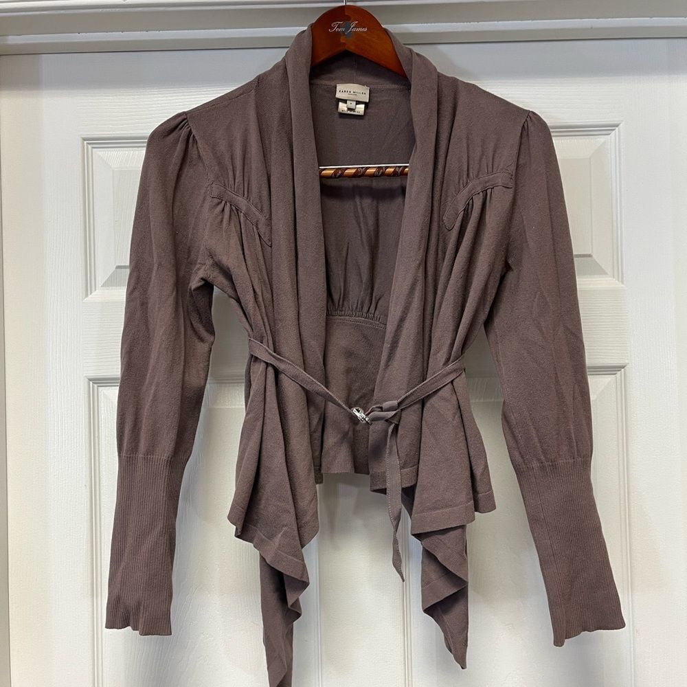 Karen Millen Taupe Shawl Collar Waterfall Belt d Cardigan sz 3 or L
